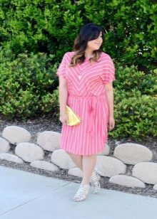 Pink and white dress with diagonal and vertical stripes for plump