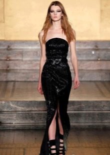 Off-the-shoulder floor-length leather dress