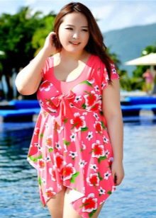 Bathing dress with a-line asymmetrical skirt for the plump