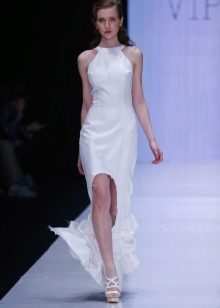 Autumn evening dress with a slit