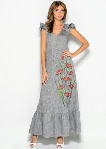 Gray linen long pinafore dress