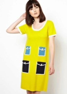 60s style yellow dress with blue and black fake pockets