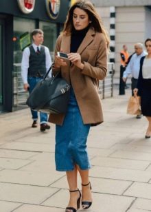 Below the knee denim pencil skirt