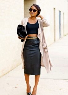 High-waisted black leather pencil skirt