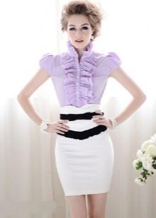 white pencil skirt with lilac blouse