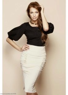 white pencil skirt and puff sleeve blouse