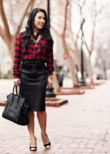Plaid shirt to black pencil skirt