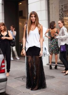 lace skirt with white loose tank top