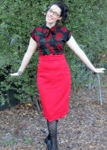 Red pencil skirt paired with a floral blouse