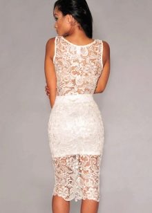 mid-length white lace pencil skirt