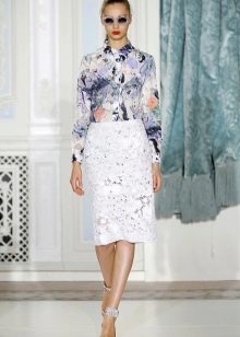 white lace pencil skirt with checkered blouse