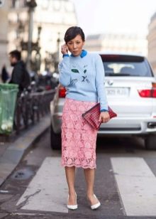 lace pencil skirt with light blue sweater