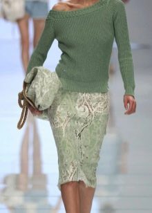 set in green tones with lace pencil skirt