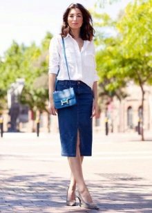 Straight denim skirt with white shirt