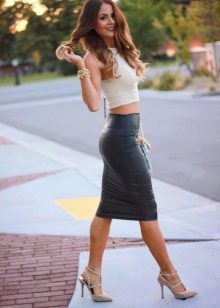Black leather pencil skirt with light tank
