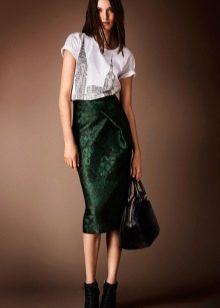 green satin mid-length pencil skirt