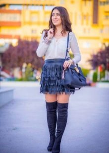 Blue fringed leather skirt