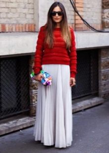 Floor-length skirt in combination with a sweater