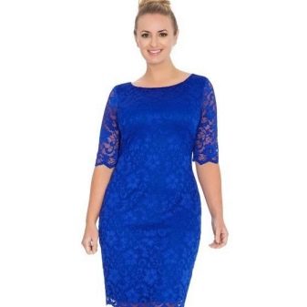 Bright blue sheath dress made of lace for plump