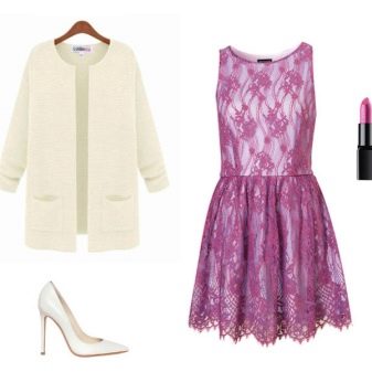 purple lace dress with white blazer