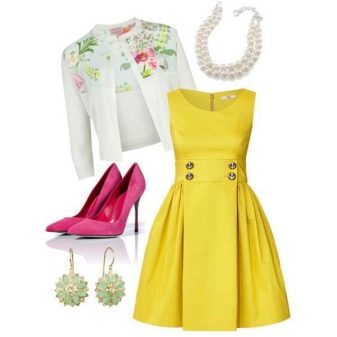 White blazer to yellow dress