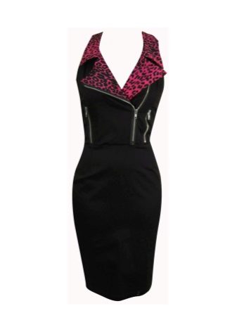 Black dress with collar with red leopard print