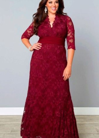 Long red and burgundy dress with a V-neck for obese women