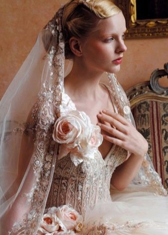 Flowers from fabric on a wedding dress