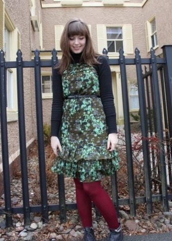 Camouflage dress combined with burgundy