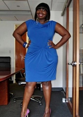 Blue office dress with draped waist for overweight