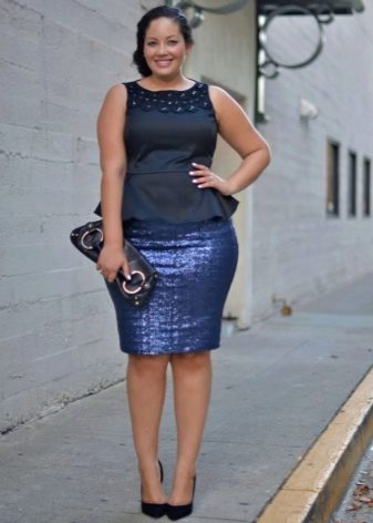 Blue office dress (top and skirt made of different fabrics) for overweight