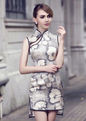 Short qipao dress (Cheongsam dress) in large floral print with asymmetrical hem