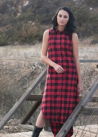 Checkered Shift Shirt Dress With Asymmetrical Hem