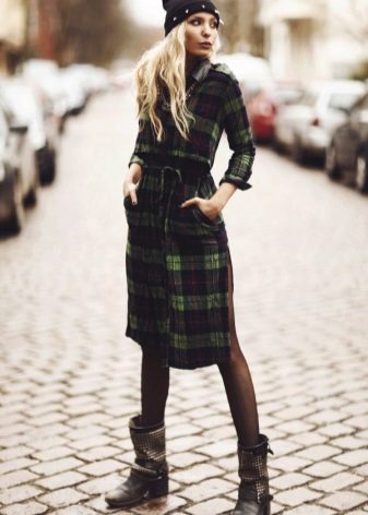 Pairing Green Check Warm Shirtdress with 5cm Heels and Turned Beanie