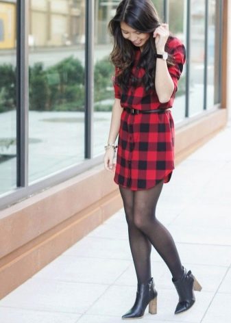 Red and Black Check Mid-Thigh Shirt Dress