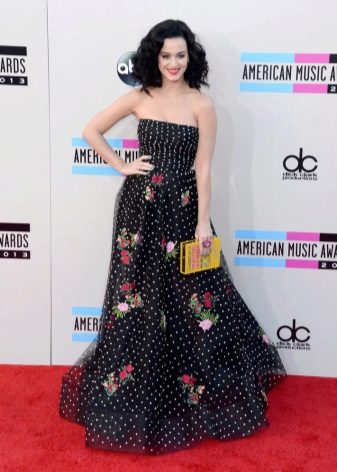 Long black dress with floral print with white dots