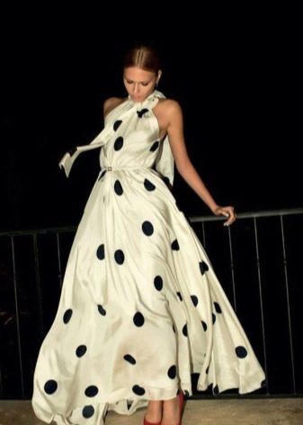 White long evening dress with rare black large peas