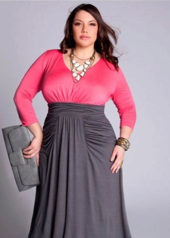 Floor-length dress with a pink top with long sleeves and a gray skirt for overweight