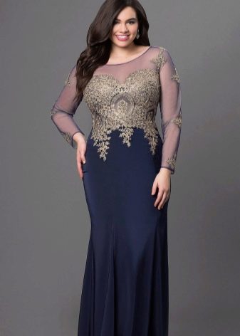 Long two-tone dress for plump with a golden top with long sleeves and a blue skirt