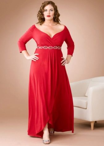 Summer red floor-length dress with an asymmetrical skirt and long sleeves for overweight