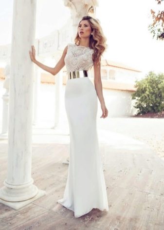 Long sheath wedding dress with gold belt