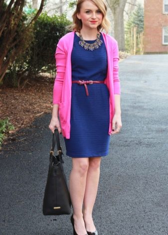 Blue dress with a contrasting belt for a corporate party