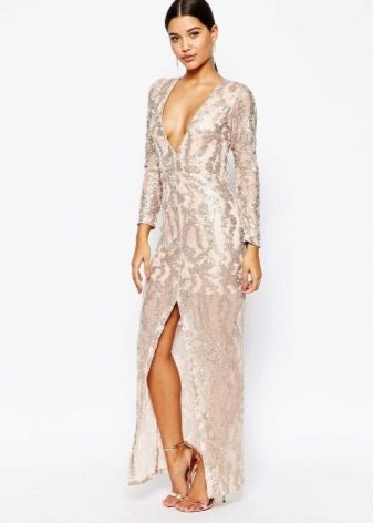 Beige glitter floor-length dress