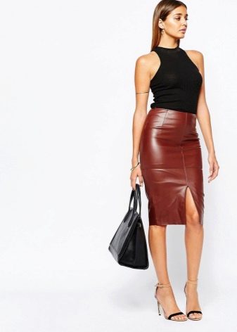 Brown leather pencil skirt
