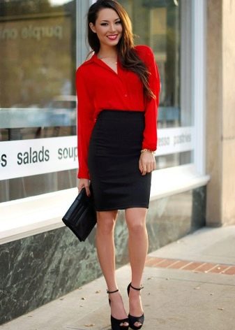 Black pencil skirt with bright red shirt