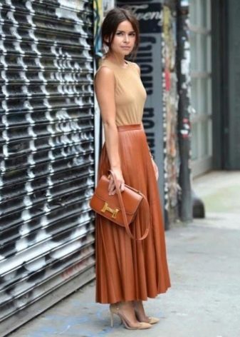 Long leather half-sun skirt