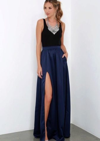 Long navy blue semi-sun skirt with black tank top