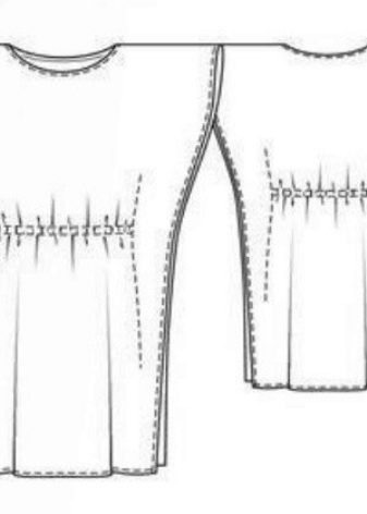 Technical drawing of a straight dress with a batwing sleeve