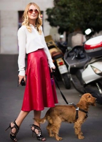 Bright red leather skirt sun midi length