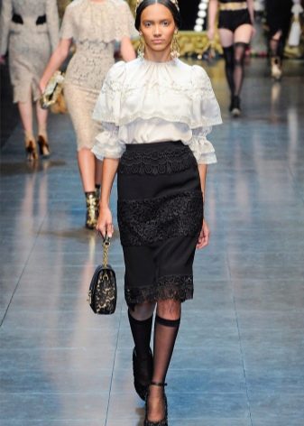 lace pencil skirt and ruffled blouse